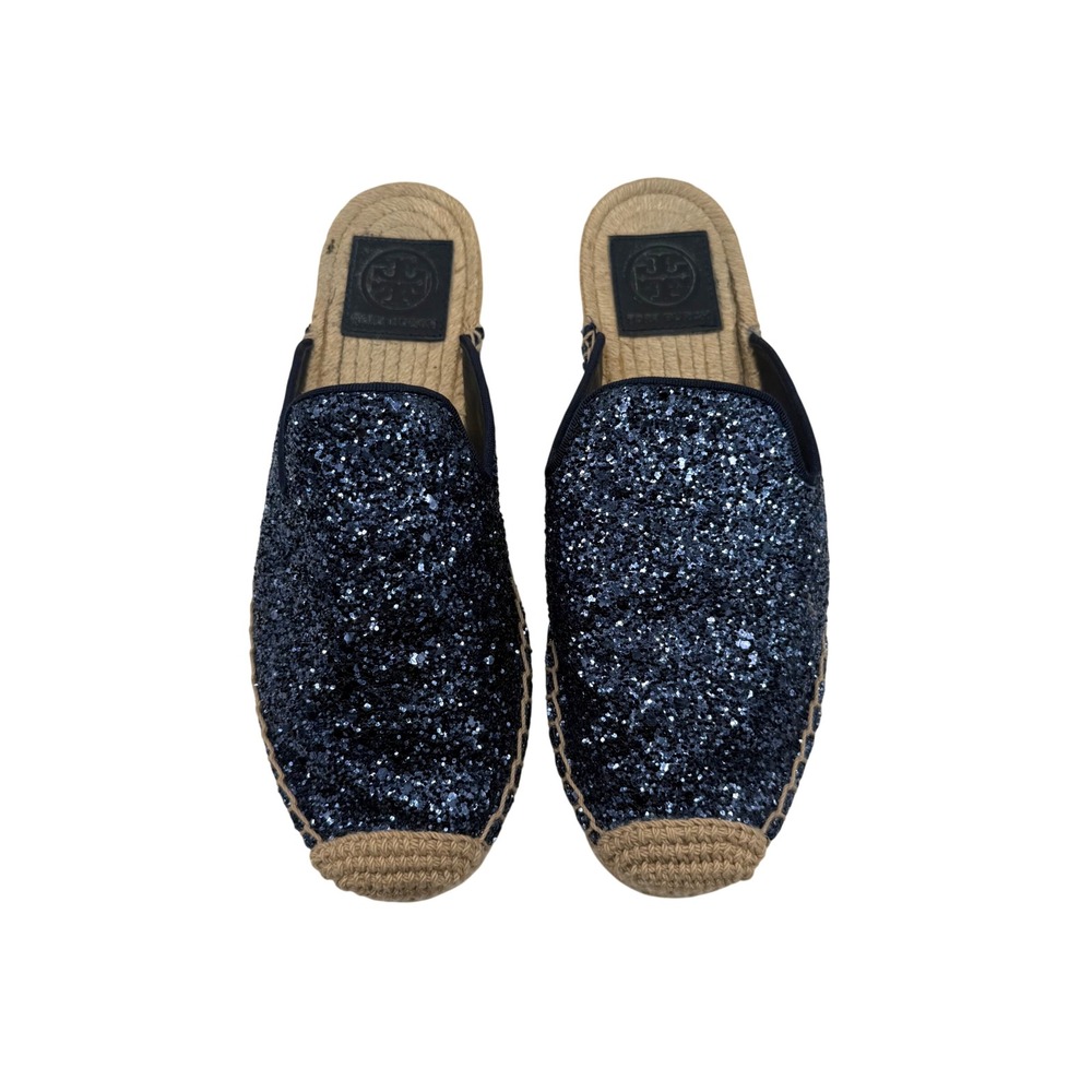 Tory Burch Max Glitter Espadrille Slide Navy Blue‎ Womens Size 6.5 Mules